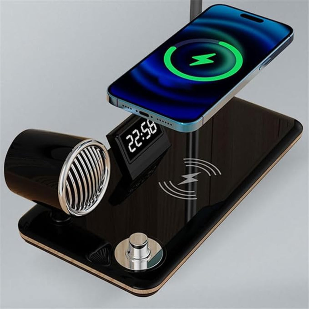 LAMPARA, CARGADOR, PARLANTE Y RELOJ 4 EN 1